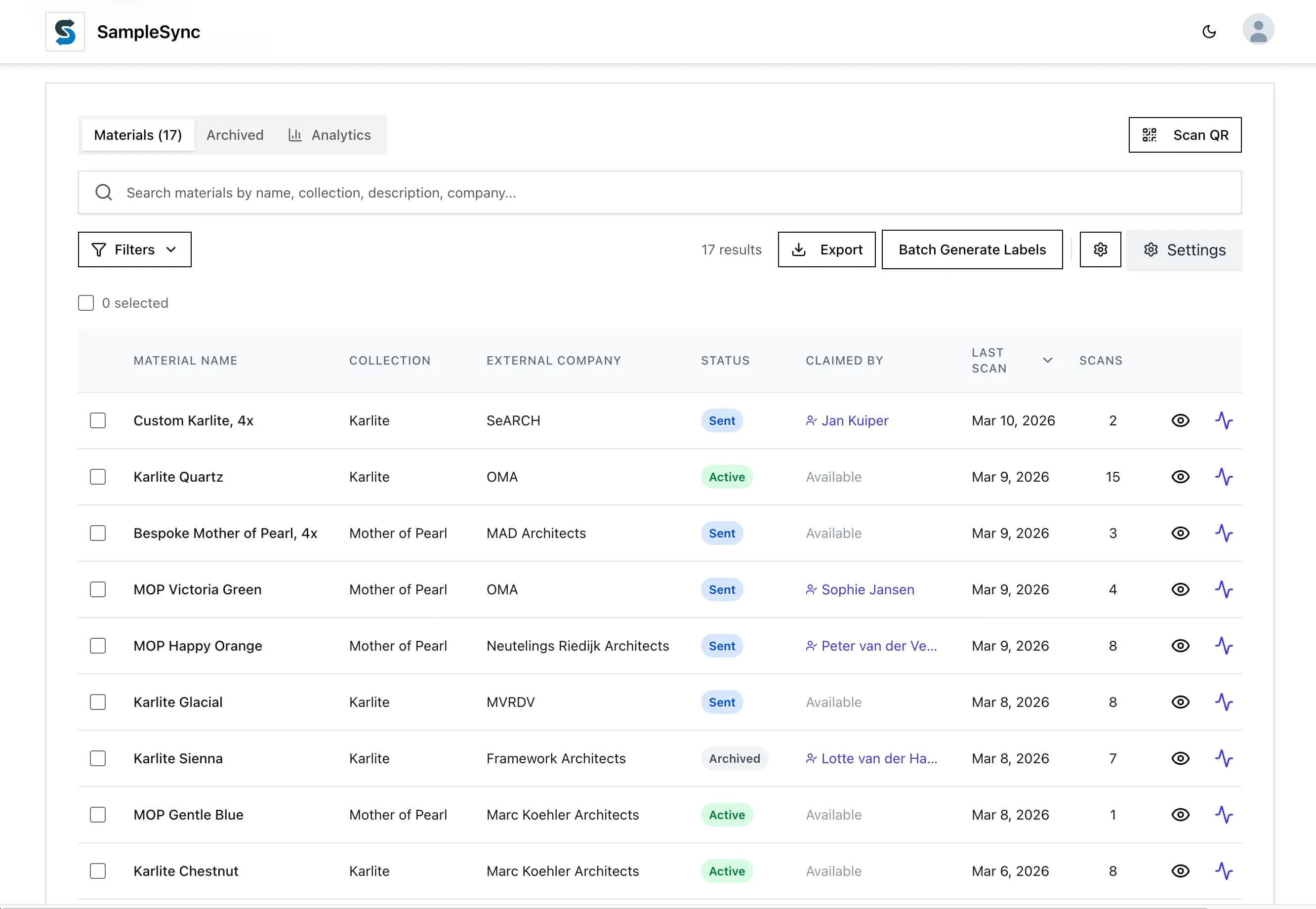 SampleSync dashboard preview with materials, filters, and analytics data
